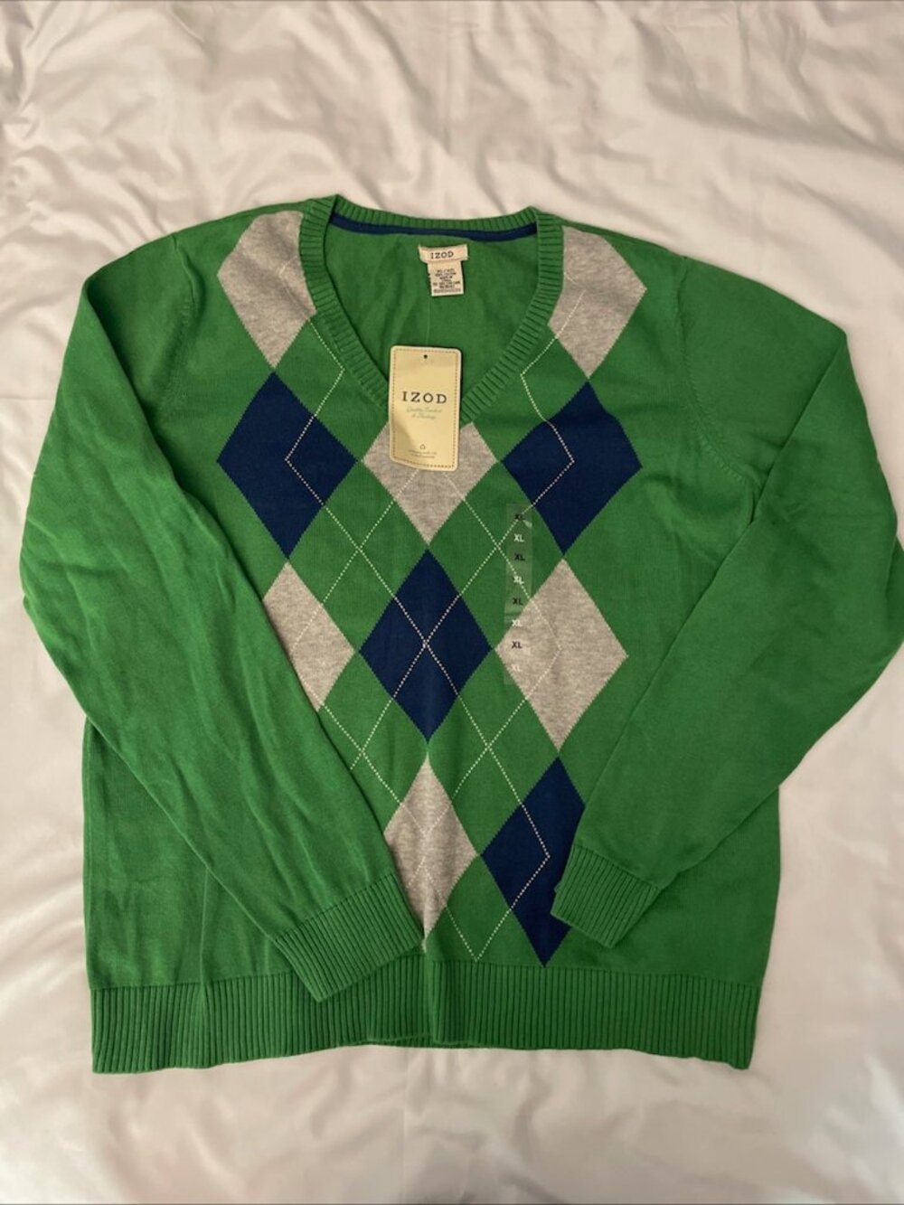 NWT IZOD Women's V-Neck Argyle Sweater Size XL 100% Cotton - Picture 2 of 8